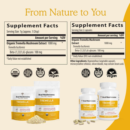 Real Mushrooms Tremella Capsules – Organic Tremella Extract, 300 Count