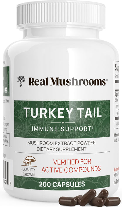 Real Mushrooms Turkey Tail Capsules – Organic Mushroom Extract, 200 Count
