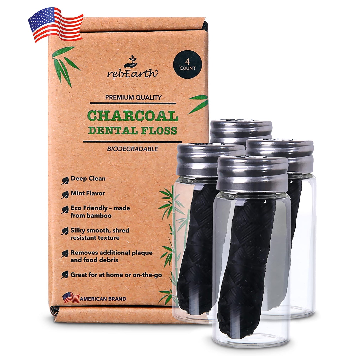 rebEarth Charcoal Bamboo Floss Pack of 4 – Mint, Glass Container