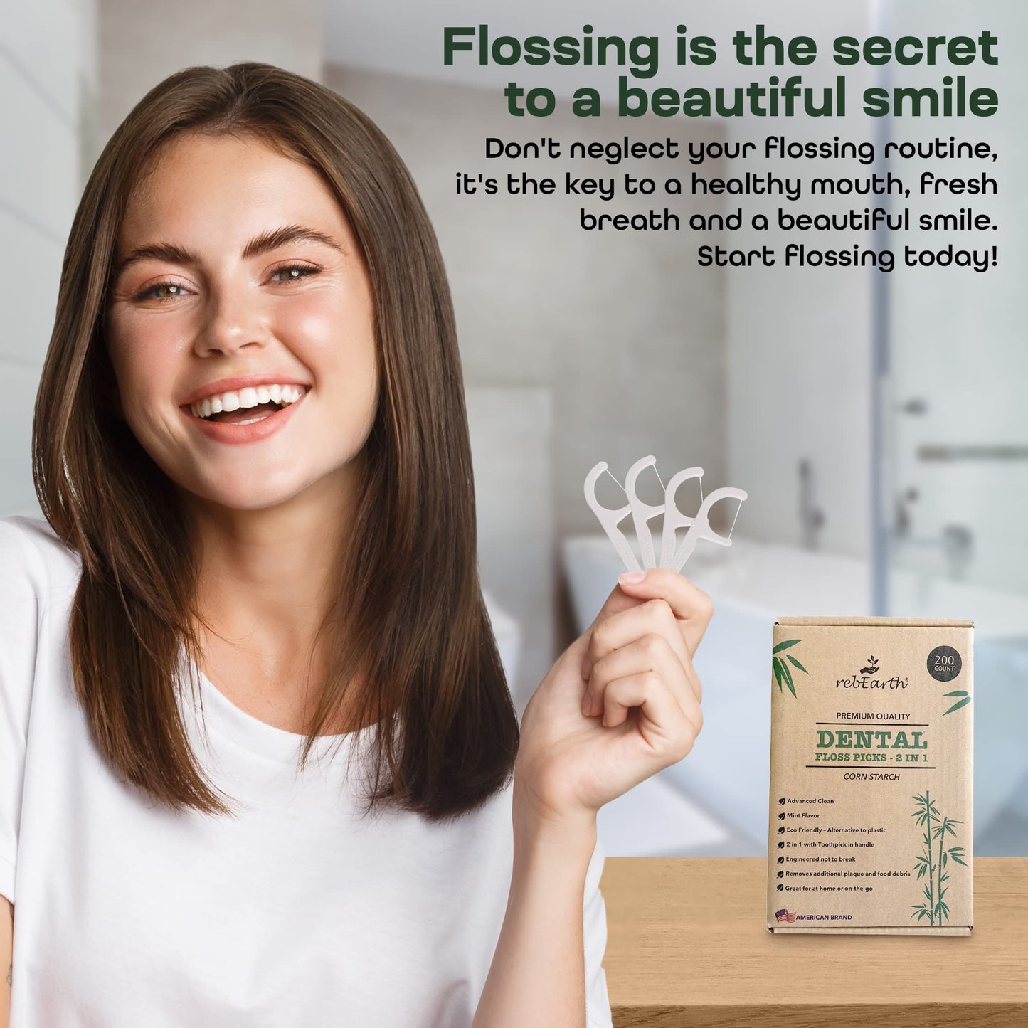 rebEarth Mint Flavored Dental Floss Picks – 200 Count, 2-in-1 Plant-Based