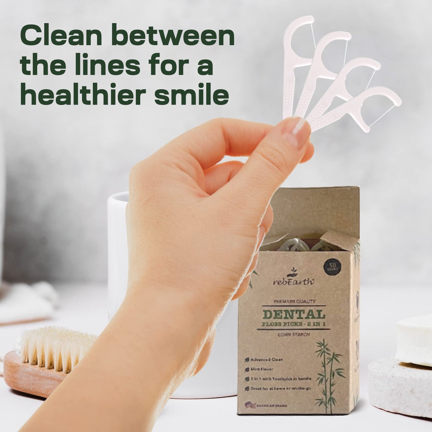 rebEarth Mint Flavored Dental Floss Picks – 200 Count, 2-in-1 Plant-Based