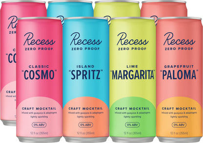 Recess Zero Proof Craft Mocktails – Alcohol-Free, Adaptogen-Infused 12oz 12-Pack Happy Hour Sampler