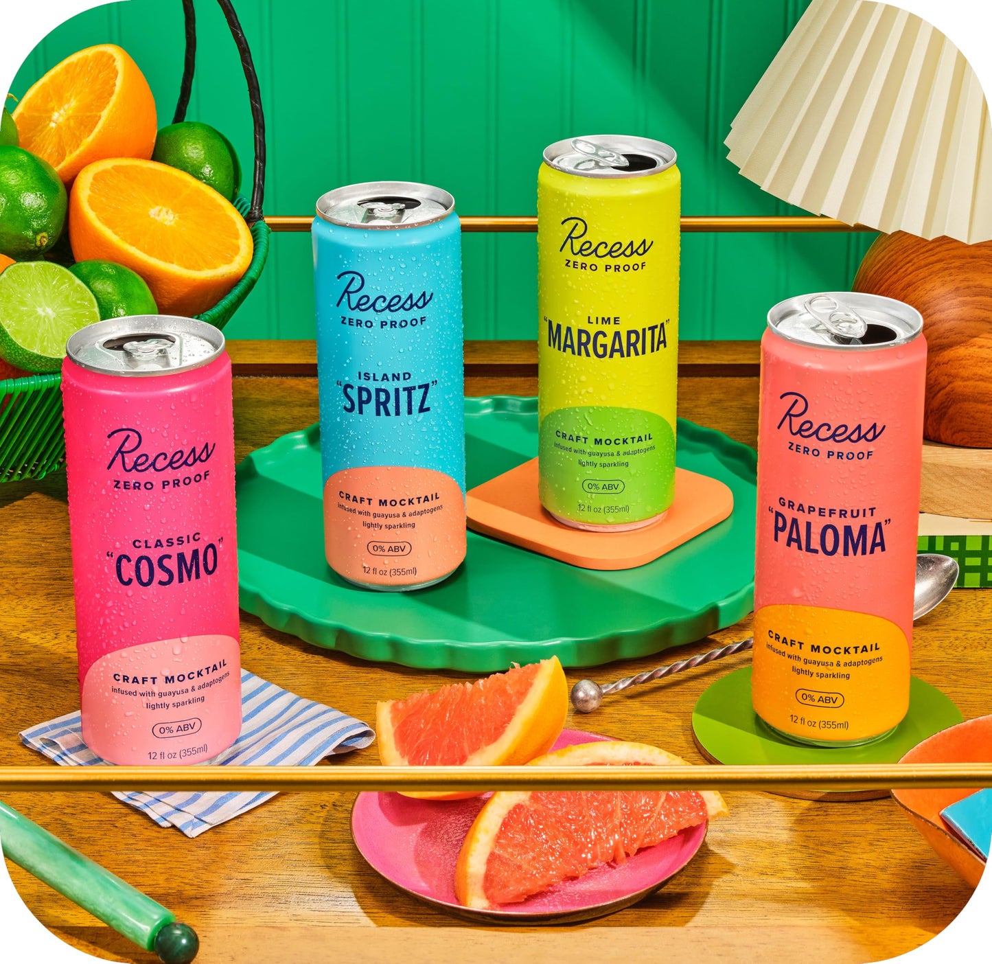 Recess Zero Proof Craft Mocktails – Alcohol-Free, Adaptogen-Infused 12oz 12-Pack Happy Hour Sampler