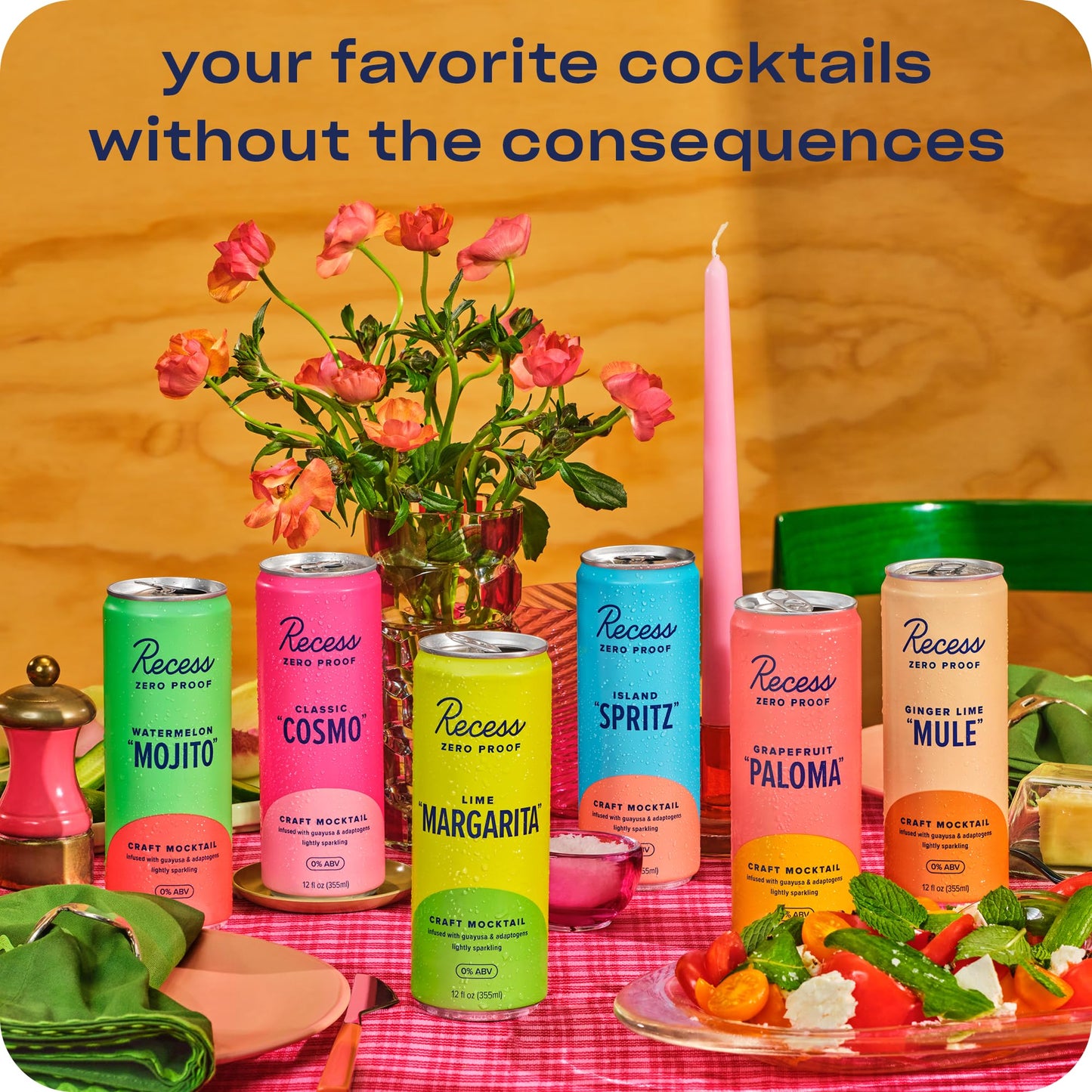 Recess Zero Proof Craft Mocktails – Alcohol-Free, Adaptogen-Infused 12oz 12-Pack Happy Hour Sampler