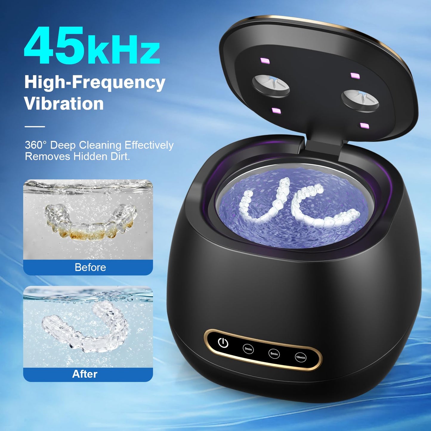 Rechargeable Ultrasonic Retainer Cleaner - 45kHz, Portable 200ml, 3 Modes