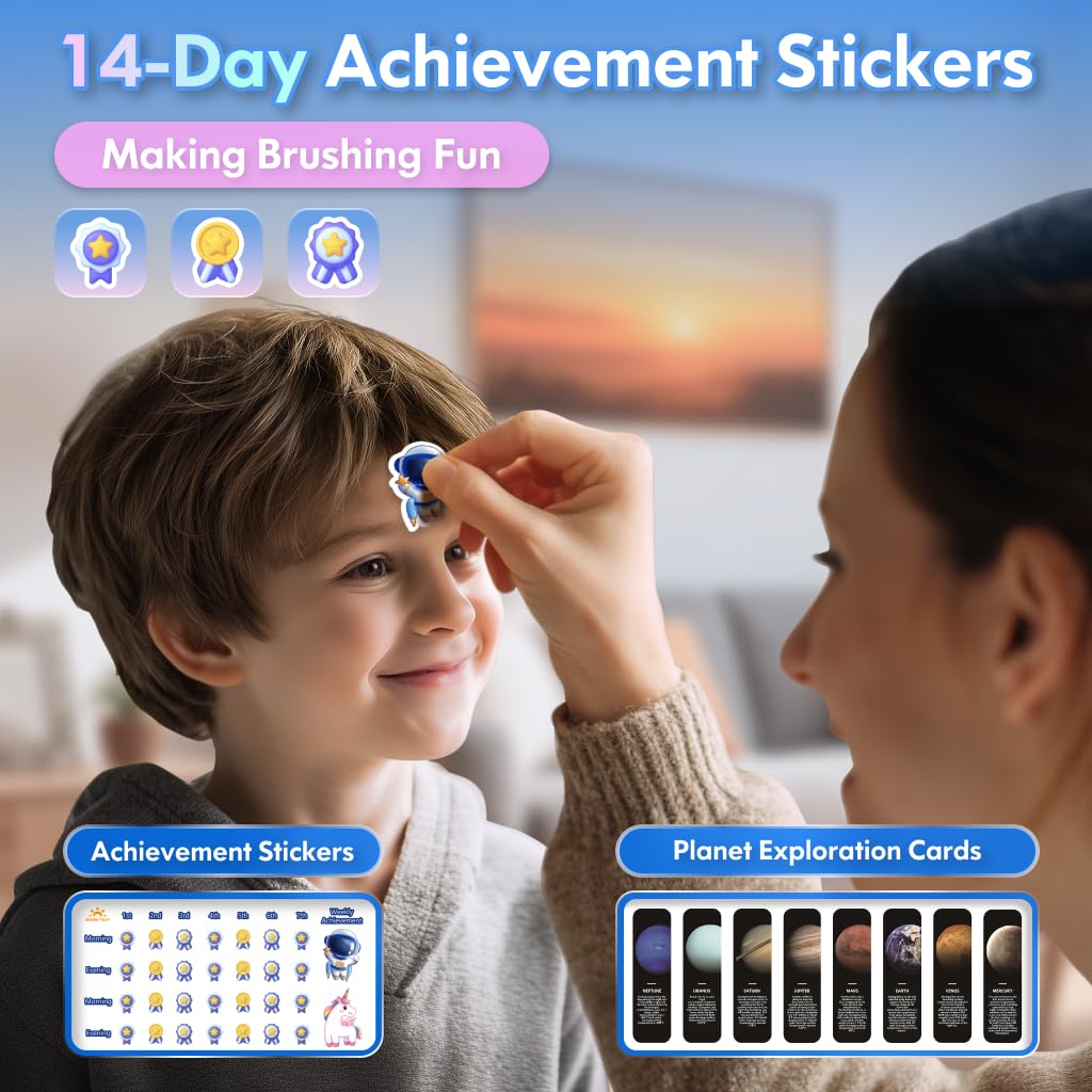 Kids Electric Toothbrush 3-12 Years – Rechargeable with Timer, 3 Modes, 4 Heads, Habit Stickers | Astronaut Blue