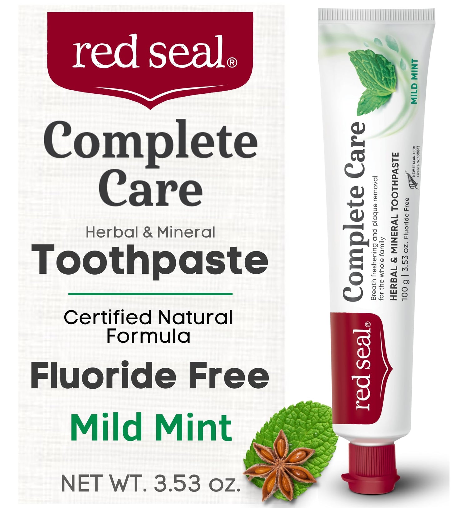 Red Seal Complete Care Mild Mint Toothpaste - NATRUE Natural, Fluoride Free, Vegan & Cruelty Free, 3.53 oz