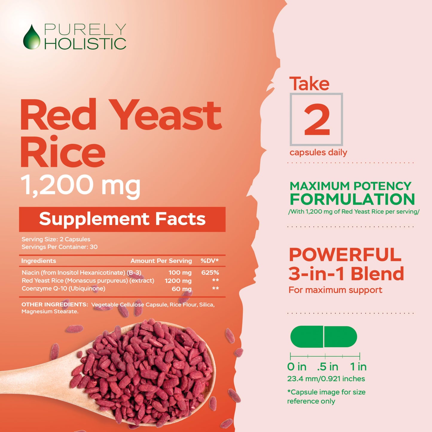Purely Holistic Red Yeast Rice 1200mg with CoQ10 & Flush Free Niacin - 60 Vegetarian Capsules