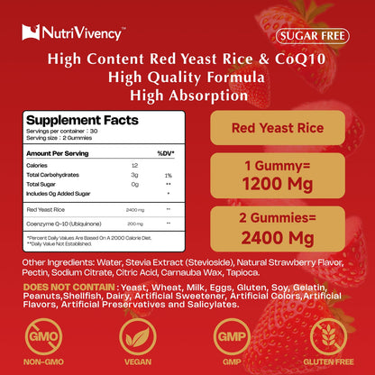 Red Yeast Rice with CoQ10 Gummies - 2400mg + 200mg CoQ10, Strawberry Flavor, 60 Counts, Vegan