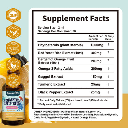 KumuoKeol Cholesterol Support Liquid Drops with Red Yeast Rice, Bergamot & Plant Sterols — Heart Health Formula, 2 fl oz