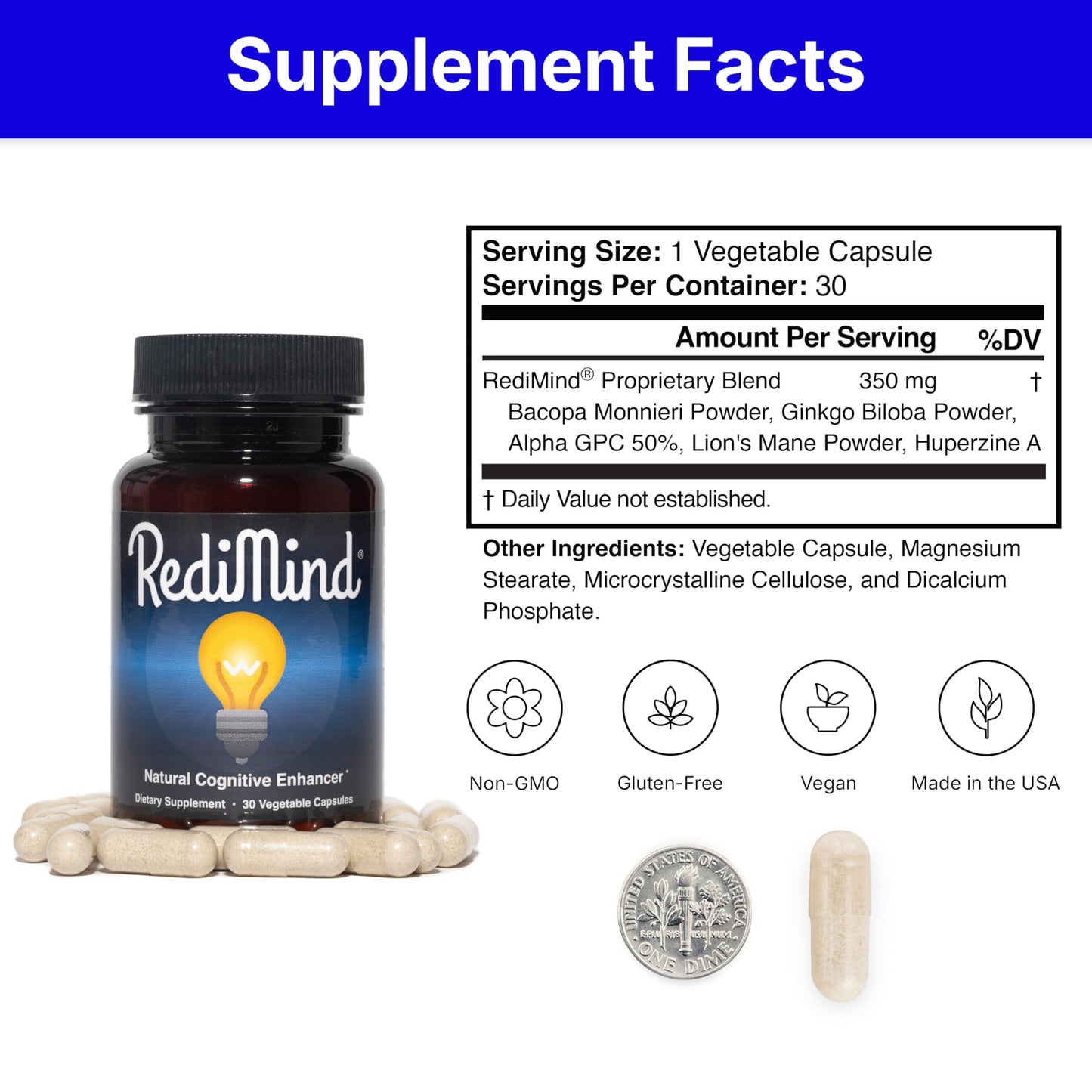 RediMind - Natural Cognitive Enhancement Capsule | Non-GMO, Vegan, Gluten-Free