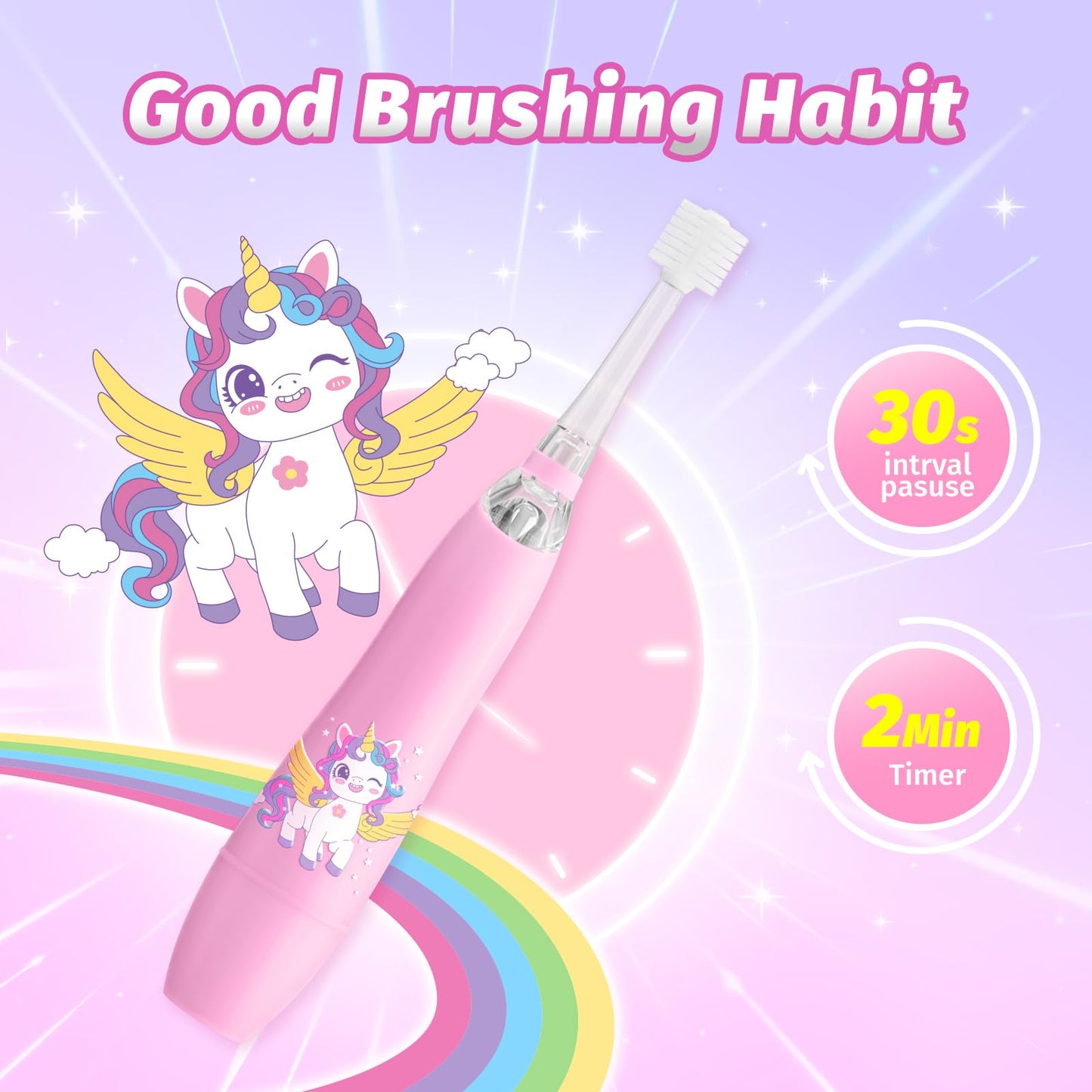ReDISEN Kids Electric Toothbrush – Toddler Sonic, 2-Min Timer, 4 Heads, Pink Unicorn