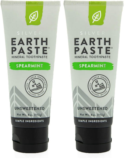 Redmond Earthpaste with Silver - Natural Non-Fluoride Toothpaste, Unsweetened Spearmint, 4 oz Tubes (Pack of 2)