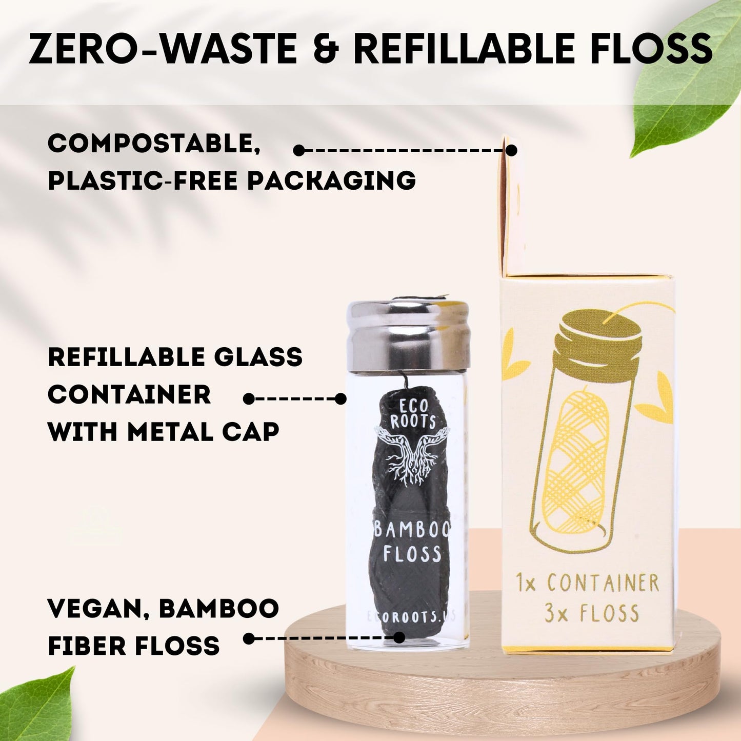 Natural Bamboo Dental Floss – Refillable Glass Jar + 3 Biodegradable Refills (33 yds) – Eco-Friendly, Vegan, Zero Waste