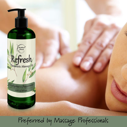 Refresh Massage Oil - Eucalyptus & Peppermint, All Natural Nut-Free 16oz for Massage Therapy