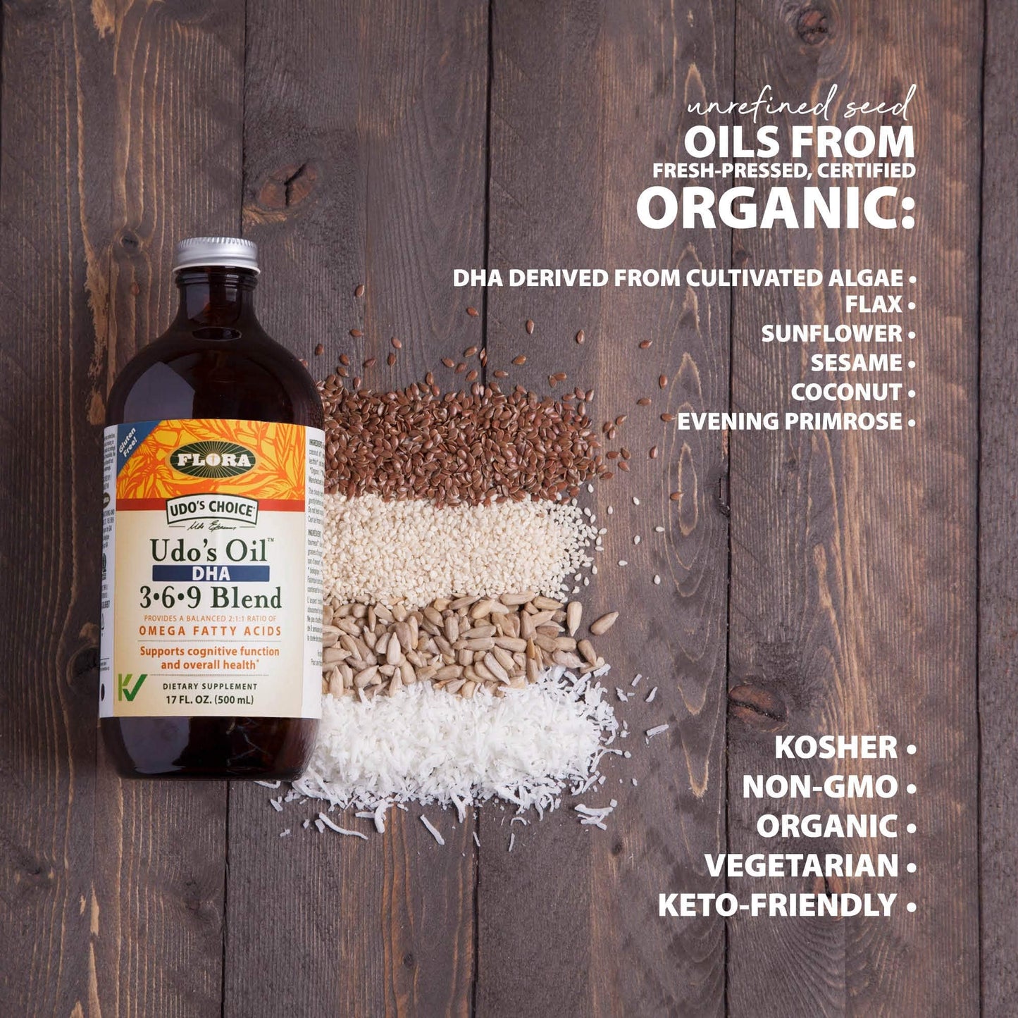Flora Udo's Oil DHA 3-6-9 Blend - Vegan Omega-3-6-9 for Brain & Eye Health - 17 fl oz