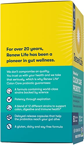 Renew Life Colon Care Probiotic Capsules – 80 Billion CFU, 12 Strains, Dairy/Gluten & Soy Free, 60 Count