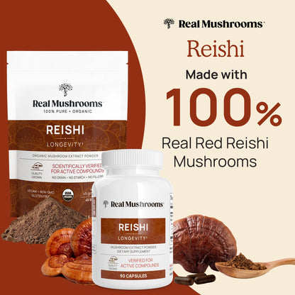 Real Mushrooms Reishi Capsules - Organic Red Reishi Extracts, 90 Ct, Vegan & Non-GMO