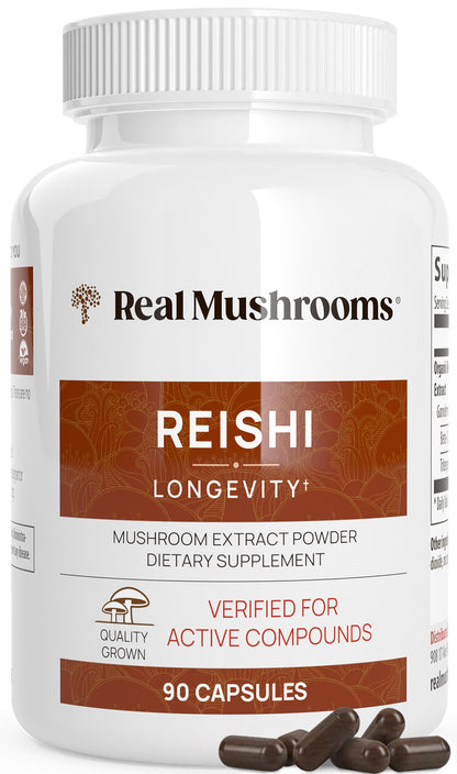 Real Mushrooms Reishi Capsules - Organic Red Reishi Extracts, 90 Ct, Vegan & Non-GMO