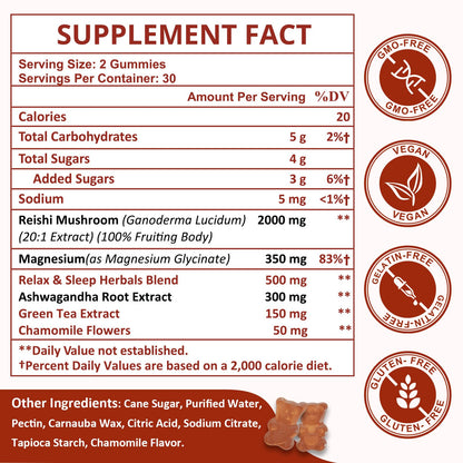Reishi Mushroom Gummies - Cortisol Support, Relaxation & Immunity | Vegan (60 Gummies)