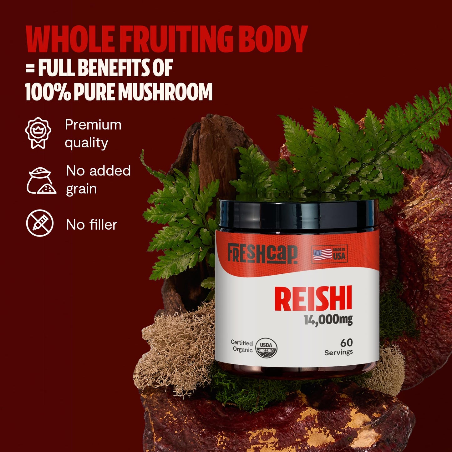 FreshCap Mushrooms Reishi Powder — 14,000mg Organic Dual-Extract, 60 Servings