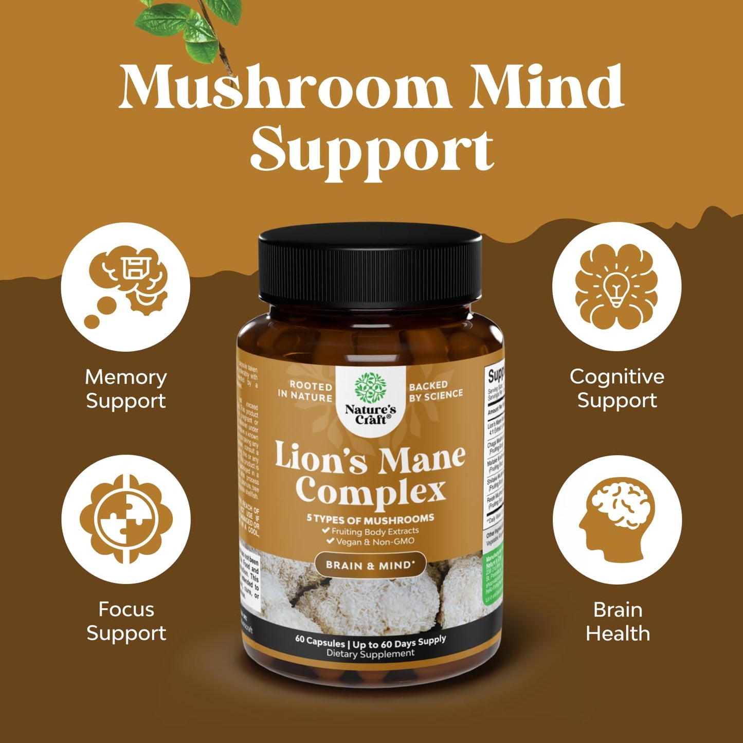 Advanced Lion's Mane Mushroom Supplement with Reishi, Chaga, Maitake & Shiitake – Brain Health, Memory & Focus - 60 Caps