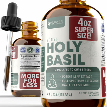 Rejuvica Health Active Holy Basil 4oz XL – Stress Support Liquid Extract (Vegan, Non-GMO)