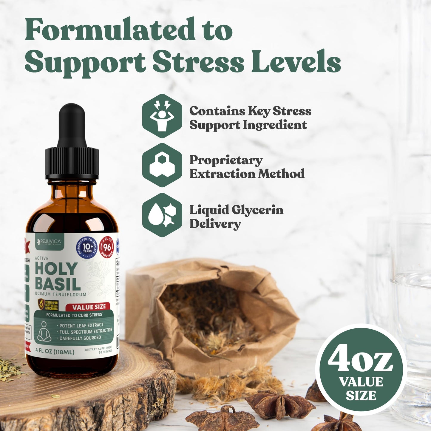 Rejuvica Health Active Holy Basil 4oz XL – Stress Support Liquid Extract (Vegan, Non-GMO)