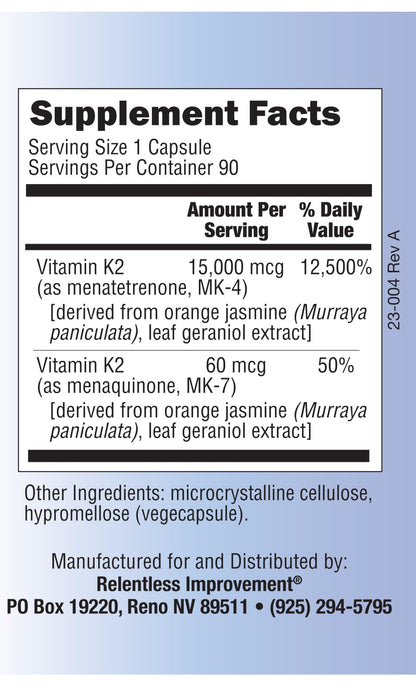Relentless Improvement Vitamin K2 MK4 + MK7 – 15,000 mcg MK-4 + 60 mcg MK-7 Vegi-Capsules (Soy-Free)