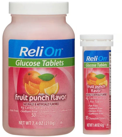 ReliOn Glucose: 50 Tablet Bottle + 10-Tablet On-The-Go Tube (Fruit Punch)