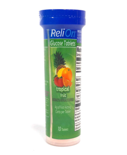 ReliOn Glucose Tropical Fruit Tablets, On-The-Go Tube, 10 Tablets