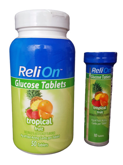 ReliOn Glucose Tablets – Tropical Fruit Flavor, 50 Count with On-The-Go Tube