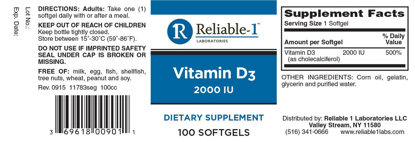 Reliable 1 Laboratories Vitamin D3 2000 IU Softgels, 100 Count