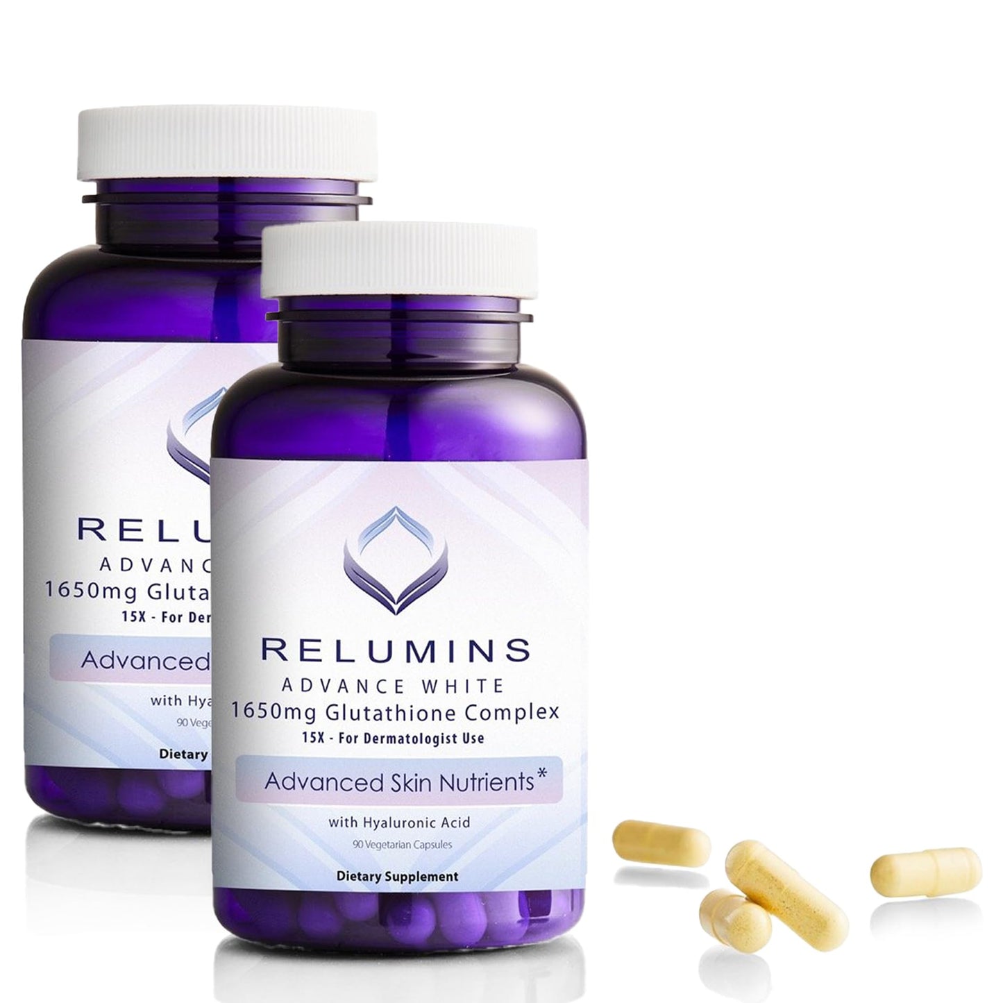 Relumins 1650mg L-Glutathione Complex – Hyaluronic Acid, Made in USA, 2 x 90 Capsules