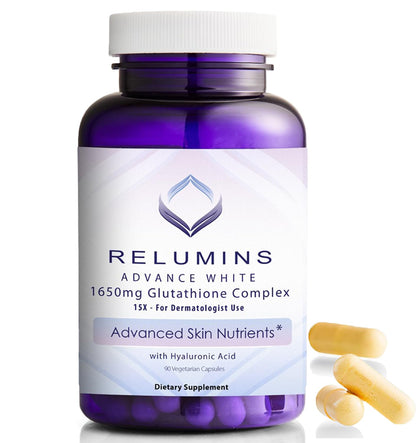 Relumins 1650mg Glutathione Complex – Hyaluronic Acid, USA Made | 90 Capsules
