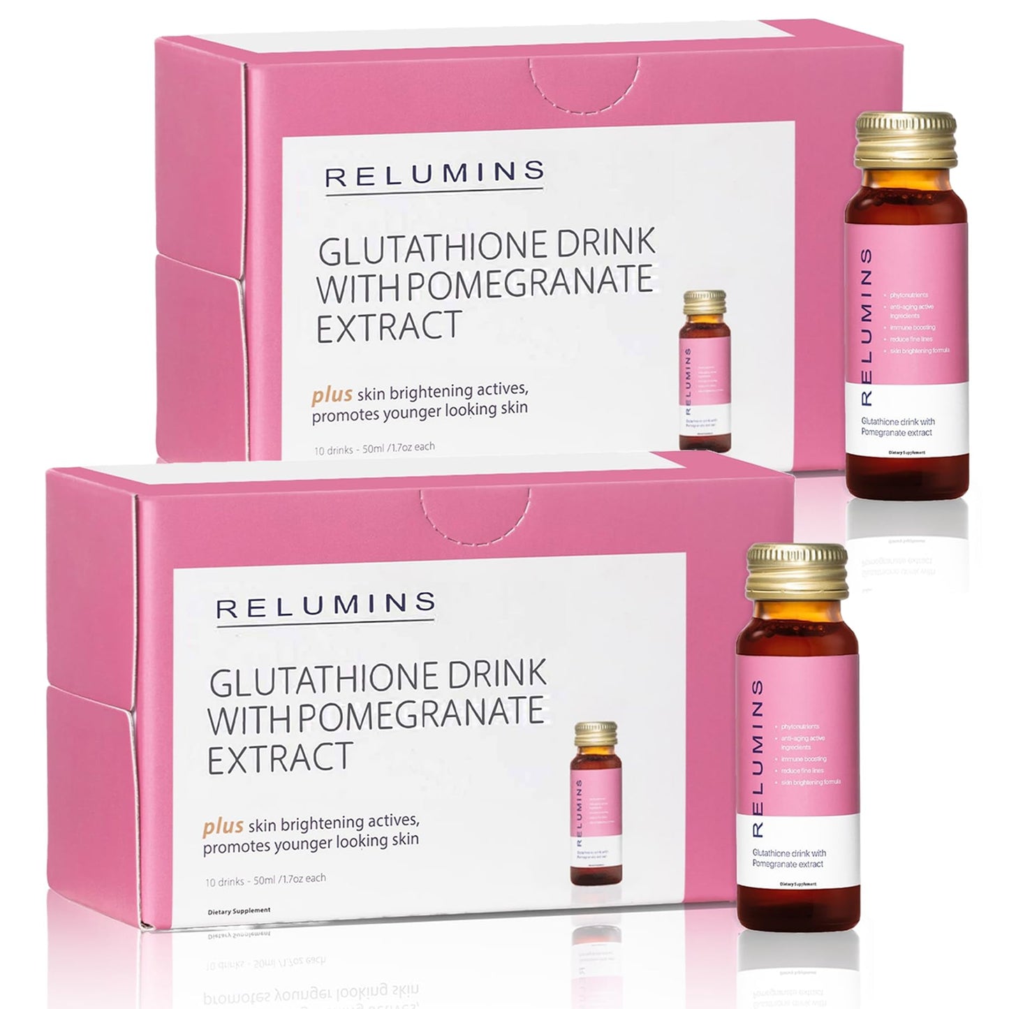 Relumins Glutathione Shots – Pomegranate Flavor, 20x50ml | Hydration, Collagen & Antioxidant Boost | Made in USA