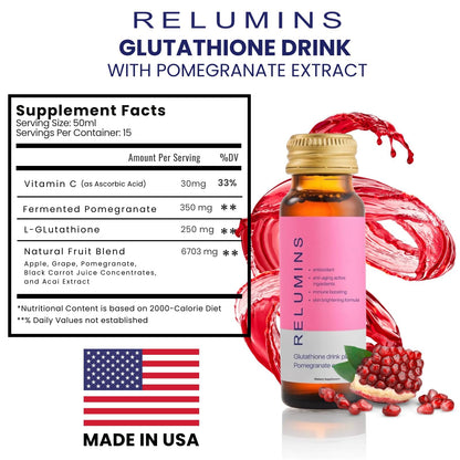 Relumins Glutathione Shots – Pomegranate Flavor, 20x50ml | Hydration, Collagen & Antioxidant Boost | Made in USA