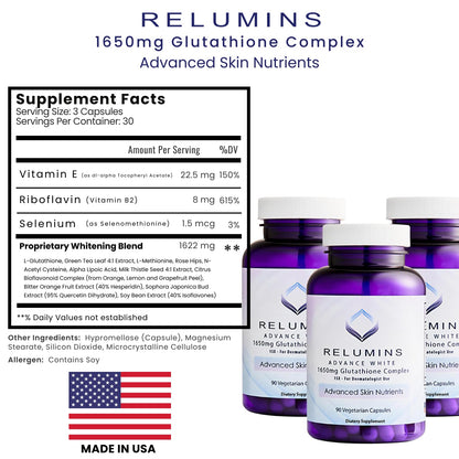 Relumins L-Glutathione Complex 1650mg - 3x90 Veg Capsules - Made in USA