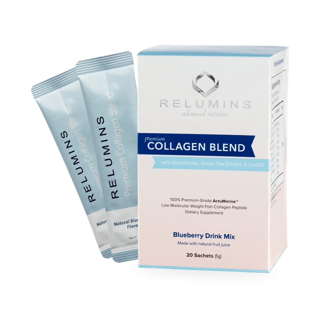 Relumins Marine Collagen Drink Mix 5000mg – Type I/II/III, Glutathione, Hyaluronic – Blueberry (100 Sachets + 10 Free)