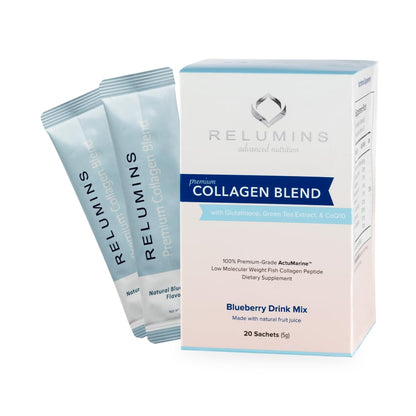 Relumins Marine Collagen Drink Mix 5000mg – Type I/II/III, Glutathione, Hyaluronic – Blueberry (100 Sachets + 10 Free)