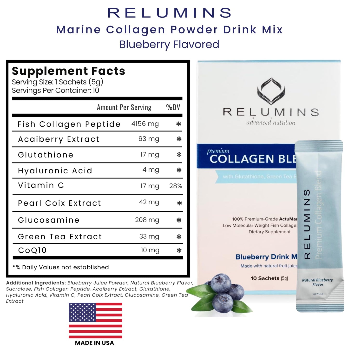 Relumins Marine Collagen Drink Mix 5000mg – Type I/II/III, Glutathione, Hyaluronic – Blueberry (100 Sachets + 10 Free)