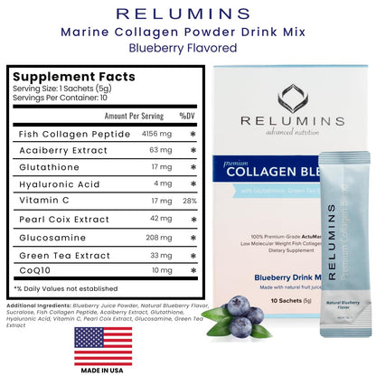 Relumins Marine Collagen Drink Mix 5000mg – Type I/II/III, Glutathione, Hyaluronic – Blueberry (100 Sachets + 10 Free)