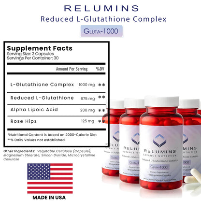 Relumins Advance Nutrition Gluta 1000 – Reduced L-Glutathione with Alpha Lipoic Acid & Rose Hips | 75-Day Supply | Made in USA