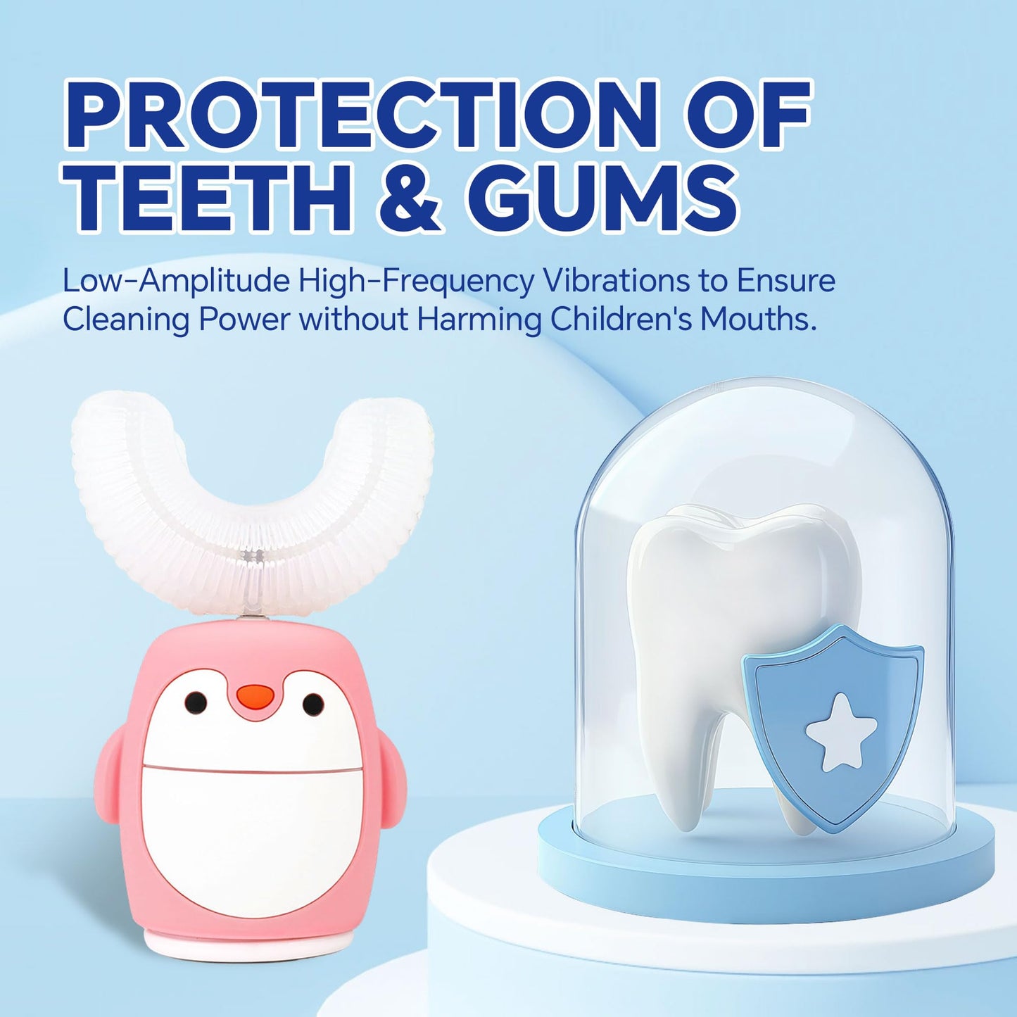 Renaelelife Kids Sonic Electric Toothbrush – U-Shaped, IPX7, 5 Modes, 360° Cleaning (Pink Penguin)