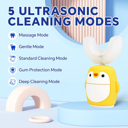 Renaelelife Kids Sonic Electric Toothbrush - U-Shaped, 5 Modes, IPX7, 2-7 yrs, Yellow Penguin
