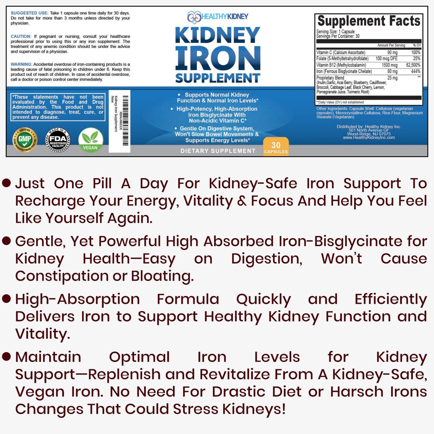 Kidney Iron Supplement Pills for Kidney Health – High-Absorption Iron Bis-Glycinate (30 Capsules)