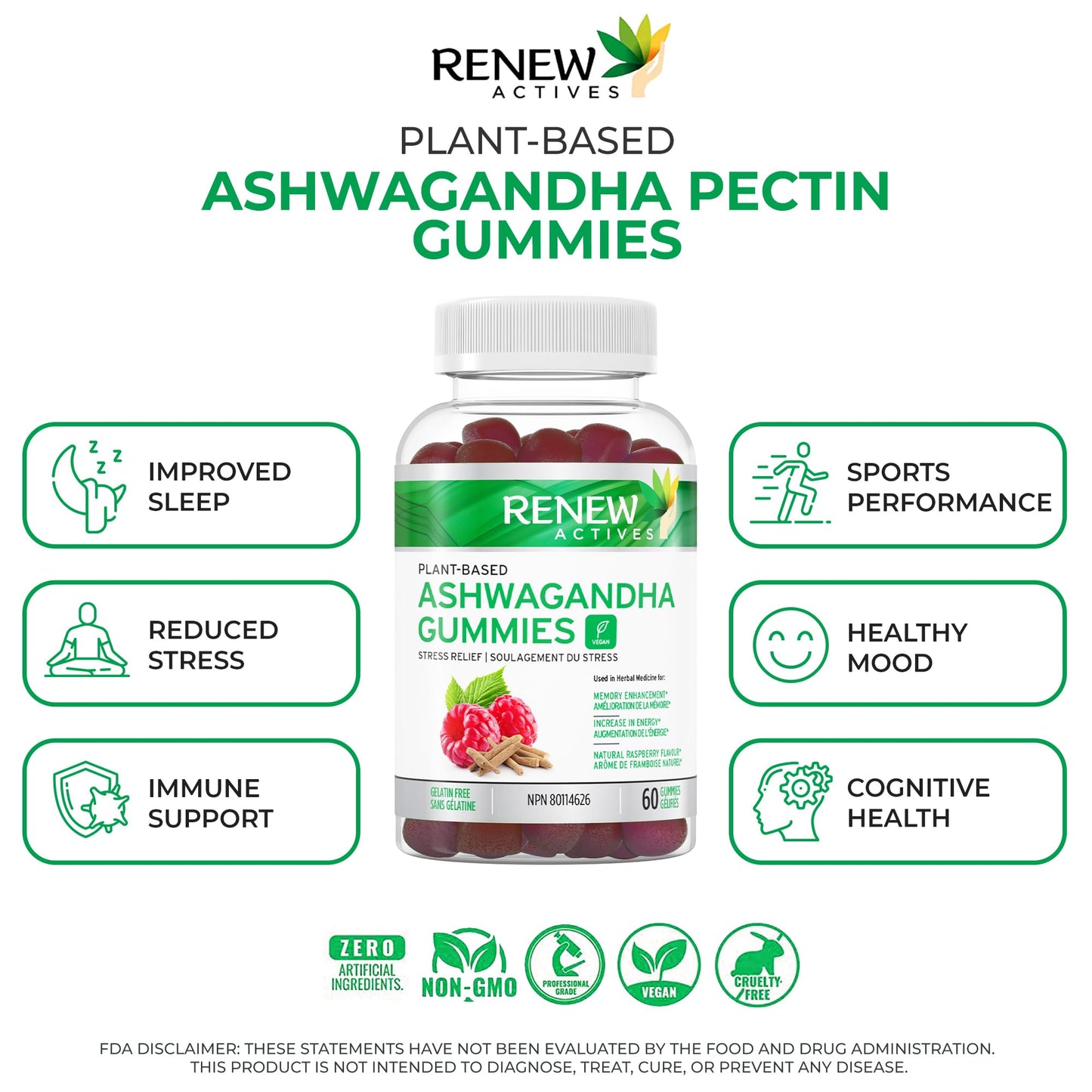 Renew Actives Ashwagandha Gummies 100MG – Vegan, Made in Canada