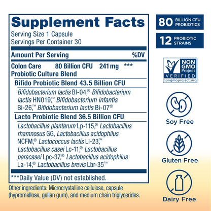 Renew Life Colon Care Probiotic - 80B CFU, 60 Veggie Capsules | Gluten Free, Dairy Free, Soy Free
