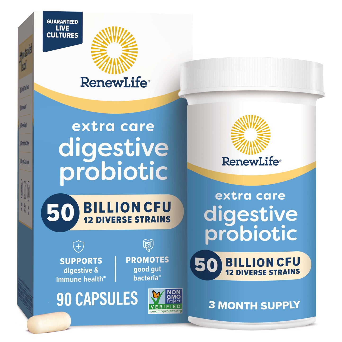 Renew Life Extra Care Probiotic – 50 Billion CFU, 12 Strains, 90 Caps | Gluten-Free, Dairy-Free, Soy-Free
