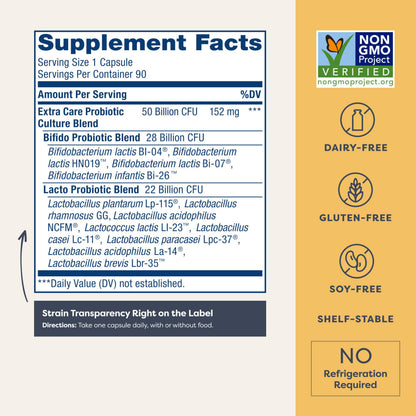 Renew Life Extra Care Probiotic – 50 Billion CFU, 12 Strains, 90 Caps | Gluten-Free, Dairy-Free, Soy-Free